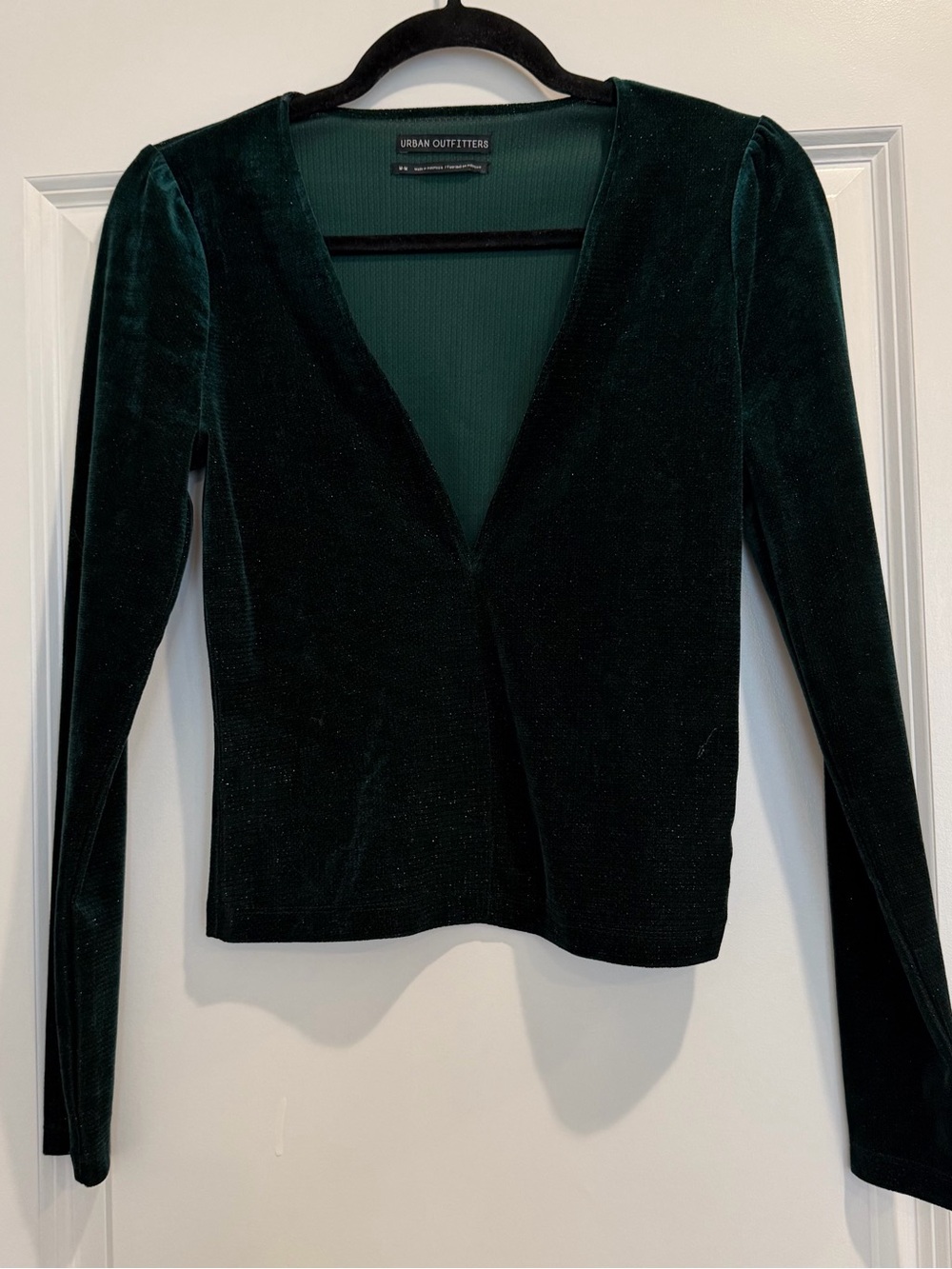 SIZE M | Urban Outfitters Velvet Deep V-Neck Long Sleeve Top - Forest Green